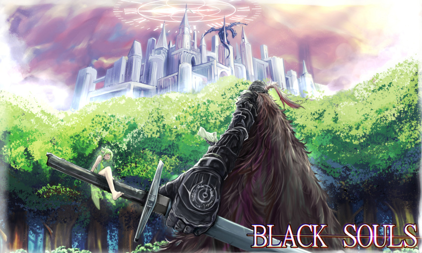 1boy, 1girl, absurdres, black_souls, castle, clock, commentary_request, dragon