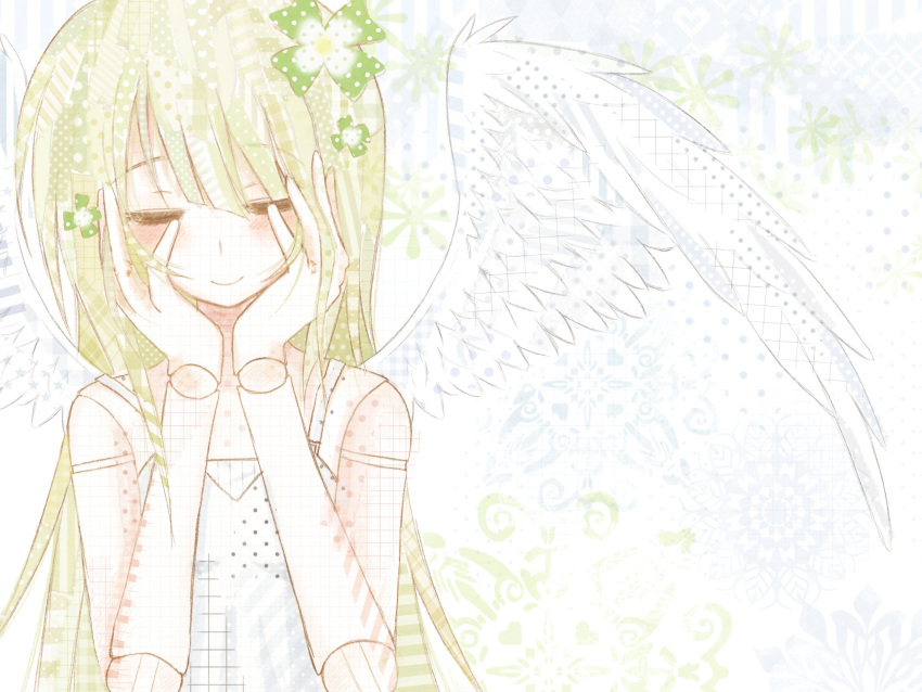 1girl, abcdef-t, angel, angel_wings, closed_eyes, closed_mouth, clover, clover_hair_ornament