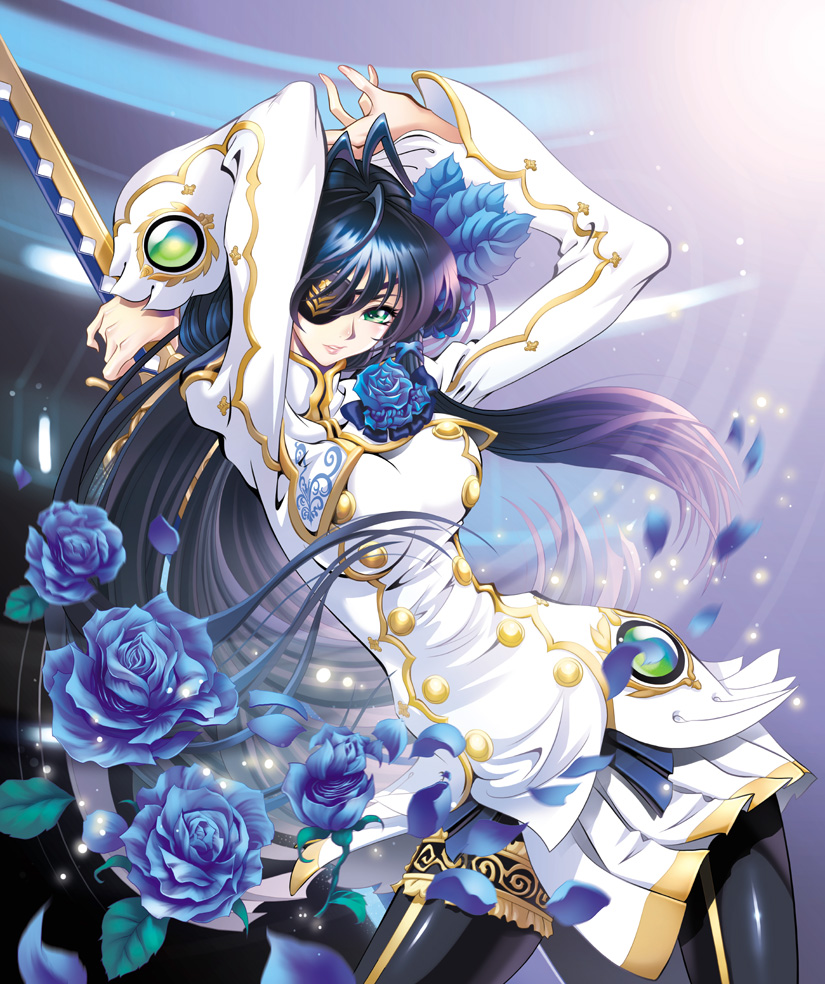 antenna_hair, arms_up, black_hair, blue_rose, blush, breasts, eyepatch, flower