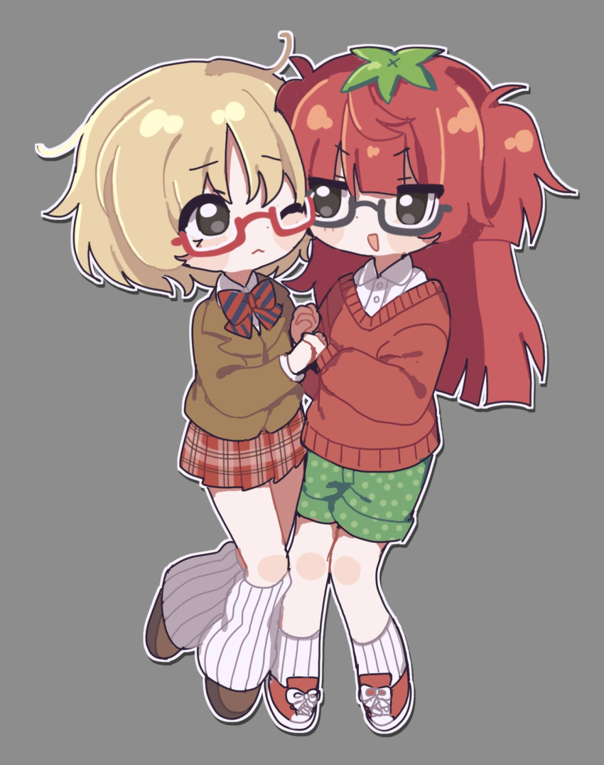 2girls, :<, black-framed_eyewear, black_eyes, blazer, blonde_hair, blush, bow