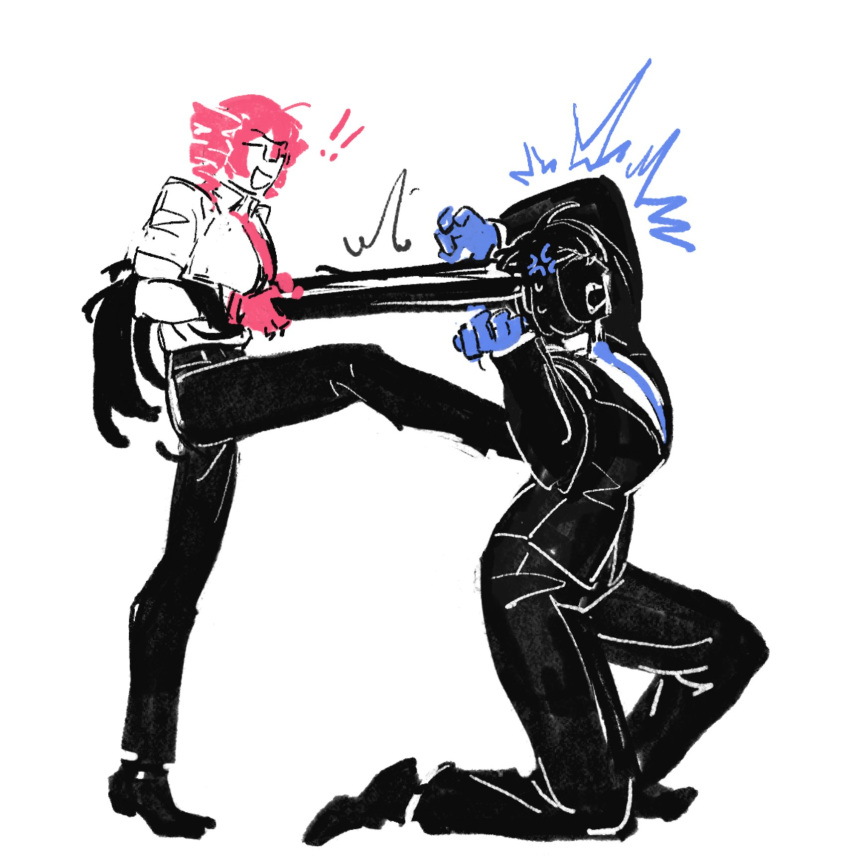 2girls, :d, abel_(abel99519356), anger_vein, another_cup_(synthesizer_v), black_pants, black_shoes, black_suit