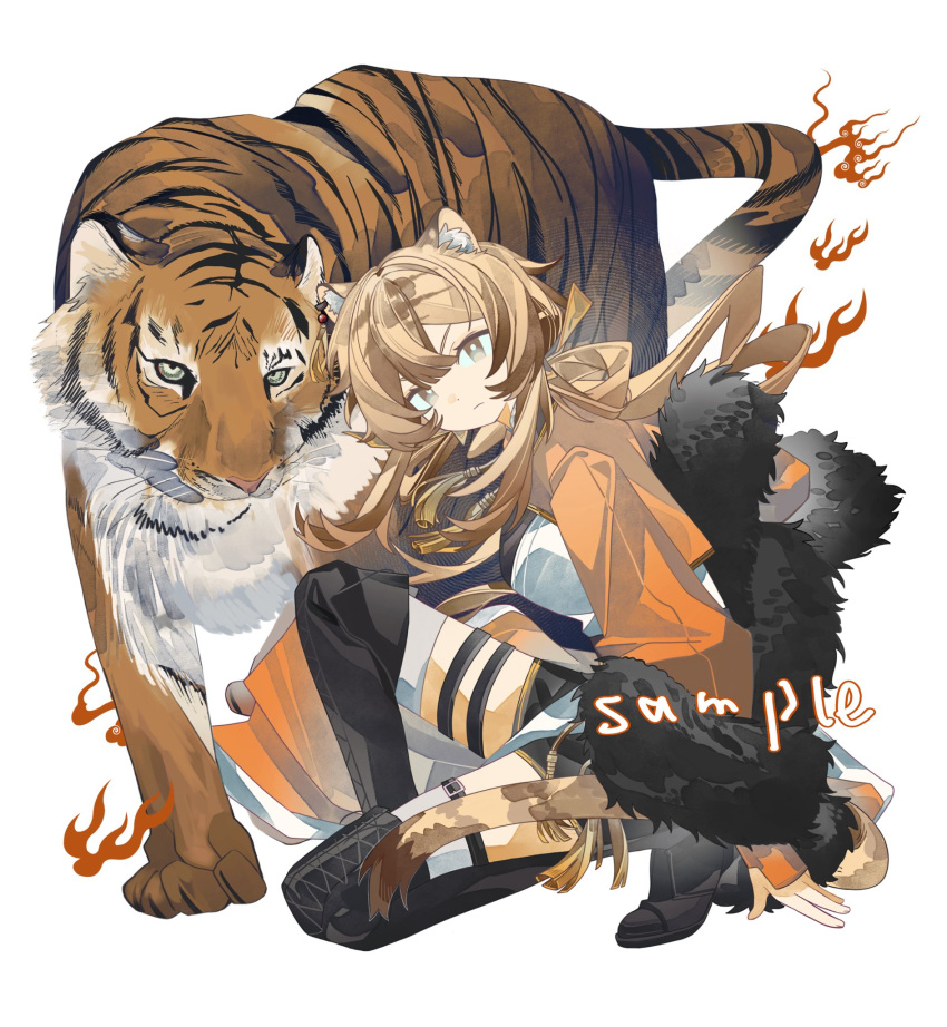 1girl, animal_ear_fluff, animal_ear_piercing, animal_ears, arknights, black_thighhighs, bright_pupils, brown_eyes