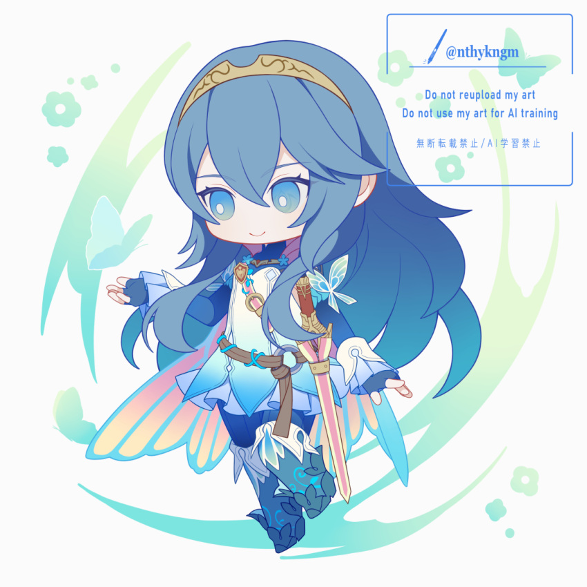 1girl, belt, blue_eyes, blue_gloves, blue_hair, brand_of_the_exalt, bug, butterfly