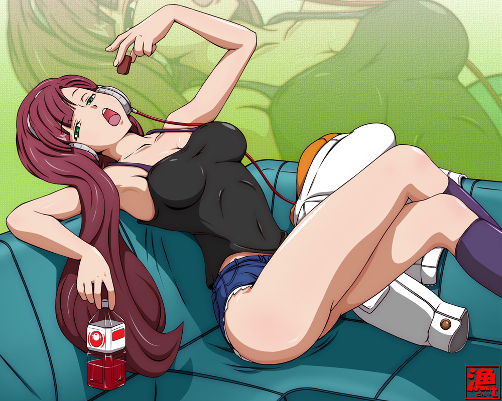 arakune_(sacred_seven), blue_eyes, breasts, brown_hair, cleavage, couch, crossed_legs, cutoffs