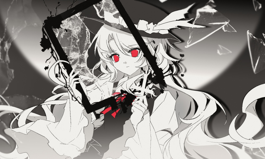 1girl, black_hat, black_vest, broken_glass, closed_mouth, collared_shirt, commentary, dolls_in_pseudo_paradise