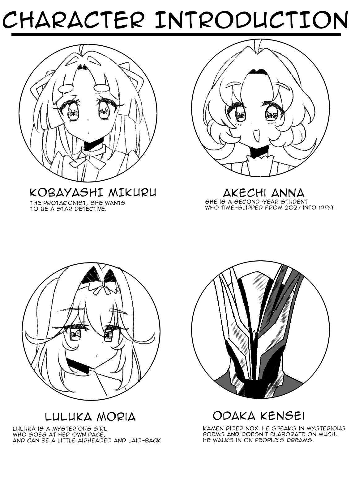 1boy, 3girls, ahoge, akechi_anna, character_profile, commentary, english_commentary, english_text, hair_intakes, highres, kamen_rider, kamen_rider_nox, kamen_rider_zeztz_(series), kobayashi_mikuru, long_hair, looking_at_viewer, meitantei_precure!, monochrome, moria_luluka, multiple_girls, ntr_character_sheet, open_mouth, precure, reiei_8, short_hair, smile