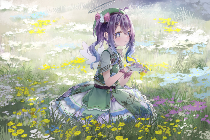 1girl, :3, ahoge, aphrodi_vainilla, aqua_shirt, artist_request, belt, beret, black_belt, black_choker, black_ribbon, blue_eyes, blue_hair, blush, bow, bright_pupils, choker, collared_shirt, commentary_request, creature, creature_on_shoulder, creature_request, curly_hair, field, flower, flower_field, frilled_skirt, frills, from_side, gloves, gold_trim, gradient_hair, grass, green_bow, green_hat, green_skirt, green_vest, hair_bow, hair_ornament, hairclip, half_gloves, halo, hat, heart, heart_ahoge, highres, holding, holding_flower, indie_virtual_youtuber, layered_skirt, looking_at_viewer, looking_to_the_side, mini_wings, multicolored_hair, neck_ribbon, on_ground, on_shoulder, parallel_hairclips, pink_bow, pink_ribbon, purple_flower, purple_hair, ribbon, second-party_source, shirt, shirt_tucked_in, short_sleeves, sitting, skirt, skirt_bow, smile, spanish_commentary, star-shaped_pupils, star_(symbol), suspenders, symbol-shaped_pupils, twintails, vest, virtual_youtuber, white_flower, white_gloves, white_halo, white_pupils, white_skirt, wing_collar, wing_hair_ornament, wings, wrist_ribbon, yellow_flower