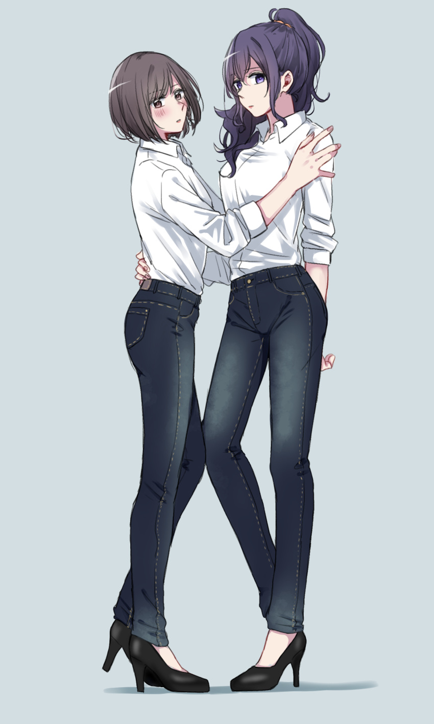 2girls, absurdres, arm_at_side, asahina_mafuyu, black_shoes, blue_pants, blush, closed_mouth