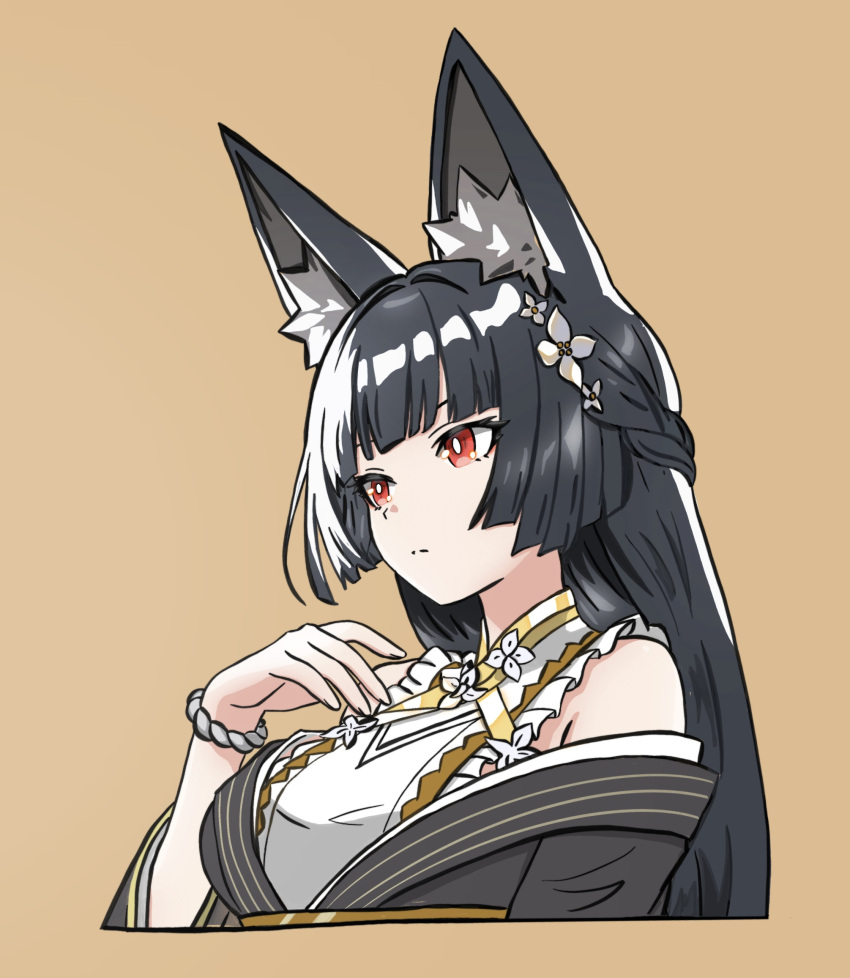 1girl, animal_ear_fluff, animal_ears, bare_shoulders, black_hair, bracelet, braid, breasts
