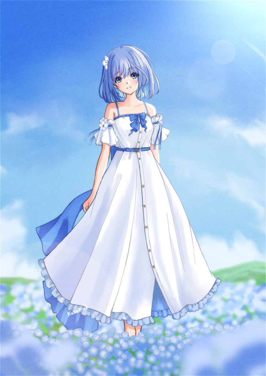 1girl, arm_garter, belt, blue_belt, blue_bow, blue_eyes, blue_flower, blue_hair
