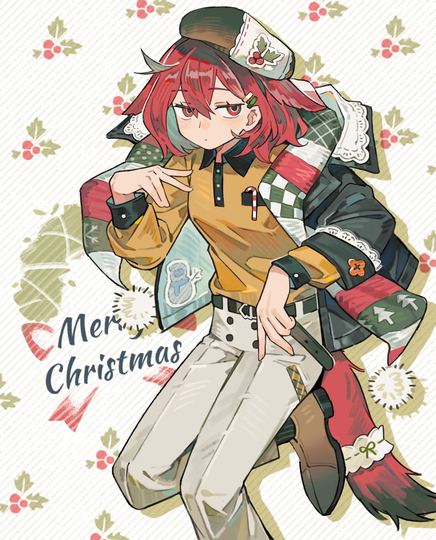 1girl, absurdres, alternate_costume, arknights, black_jacket, breast_pocket, brown_hat, brown_shoes, candy, candy_cane, checkered_clothes, checkered_scarf, christmas_tree_print, collared_shirt, colored_inner_hair, commentary, crownslayer_(arknights), diagonal-striped_background, dopperu_ben, food, frown, green_hair, green_scarf, hair_ornament, hairclip, hand_up, hat, highres, holly_print, hood, hooded_jacket, hyena_ears, hyena_girl, hyena_tail, jacket, long_sleeves, looking_at_viewer, merry_christmas, multicolored_hair, multicolored_scarf, pants, pocket, red_eyes, red_hair, red_scarf, scarf, shirt, shoes, short_hair, simple_background, snowman, solo, striped_background, striped_clothes, striped_scarf, untranslatable_commentary, white_background, white_pants, white_scarf, yellow_shirt