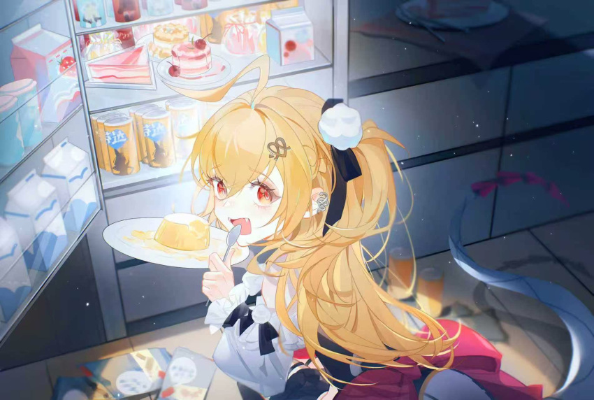 1girl, ahoge, bare_shoulders, blonde_hair, cake, cake_slice, cissia_(zenless_zone_zero), commentary