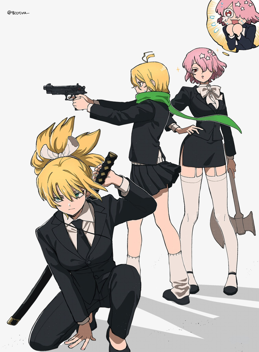 3girls, 8cotya, artist_name, blonde_hair, commentary_request, dr._stone, formal_clothes, gun, highres, holding, holding_gun, holding_sword, holding_weapon, kohaku_(dr._stone), luna_wright, multiple_girls, pink_hair, school_uniform, signature, suika_(dr._stone), suit, sword, twitter_username, weapon