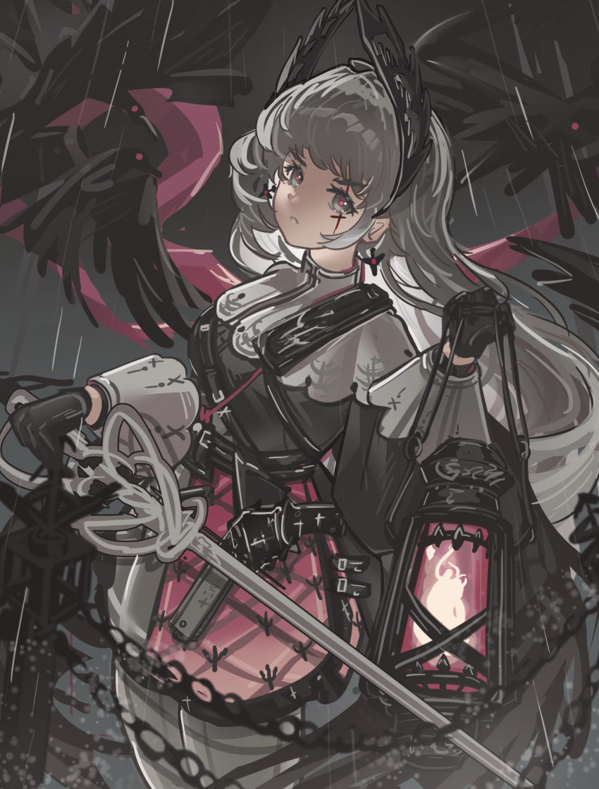 1girl, arknights, belt, bird, black_belt, black_gloves, closed_mouth, commentary_request