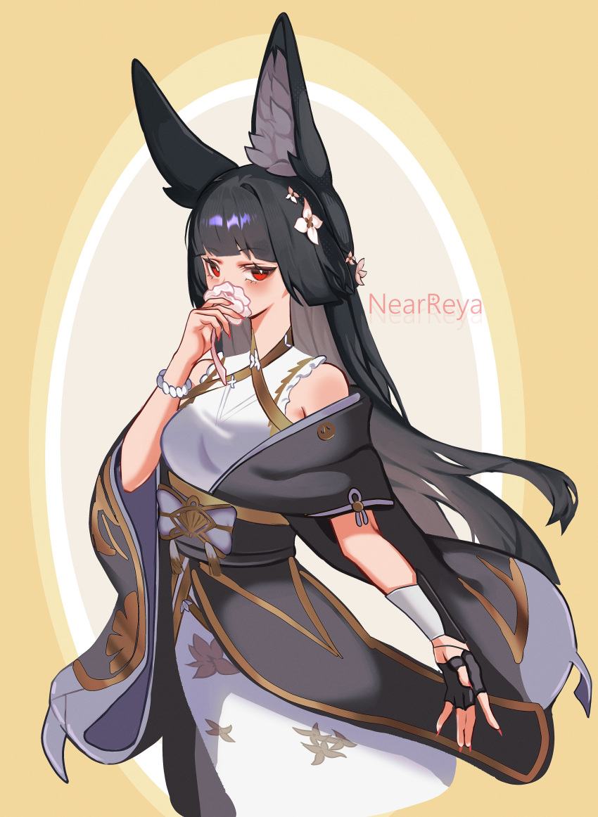 1girl, absurdres, animal_ear_fluff, animal_ears, artist_name, asymmetrical_sleeves, bare_shoulders, black_dress