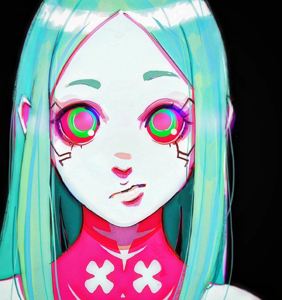 1girl, artificial_eye, colored_sclera, colored_skin, cyberpunk:_edgerunners, cyberpunk_(series), davoxime, mechanical_eyes