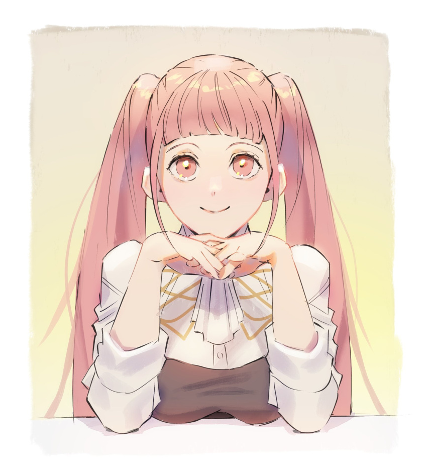 1girl, ascot, border, breasts, charleston, commentary_request, fire_emblem, fire_emblem:_three_houses, garreg_mach_monastery_uniform, head_on_hands, highres, hilda_valentine_goneril, korean_commentary, medium_breasts, pink_eyes, pink_hair, portrait, simple_background, sleeves_rolled_up, smile, solo, twintails, white_ascot, white_border, yellow_background