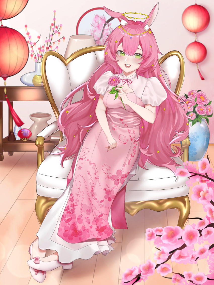 1girl, animal_ears, ao_dai, blush, dreamy_etude, green_eyes, halo, highres