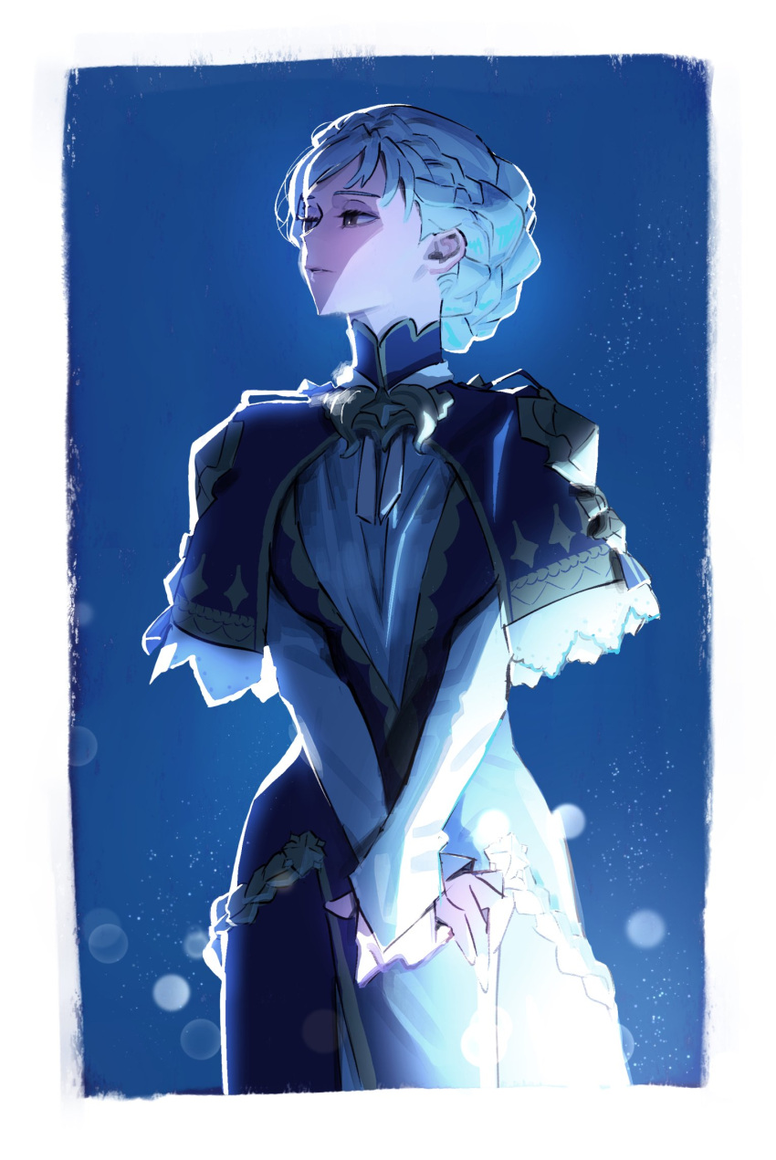 1girl, blue_background, blue_capelet, blue_dress, blue_hair, border, braid, brown_eyes, capelet, charleston, cowboy_shot, crown_braid, dress, fire_emblem, fire_emblem:_three_houses, highres, looking_to_the_side, marianne_von_edmund, marianne_von_edmund_(timeskip), own_hands_together, simple_background, solo, white_border