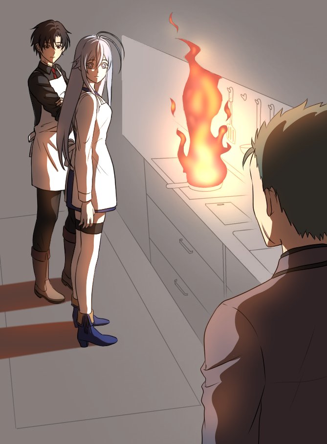 1girl, 2boys, 86_-eightysix-, antenna_hair, apron, black_jacket, blue_shoes, blue_skirt