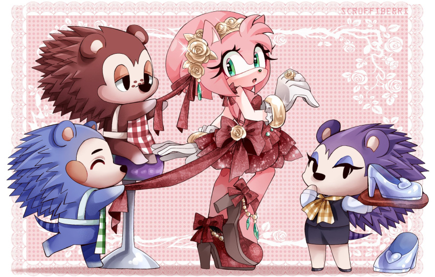 4girls, amy_rose, animal_crossing, apron, bracelet, crossover, dressing_another, gloves