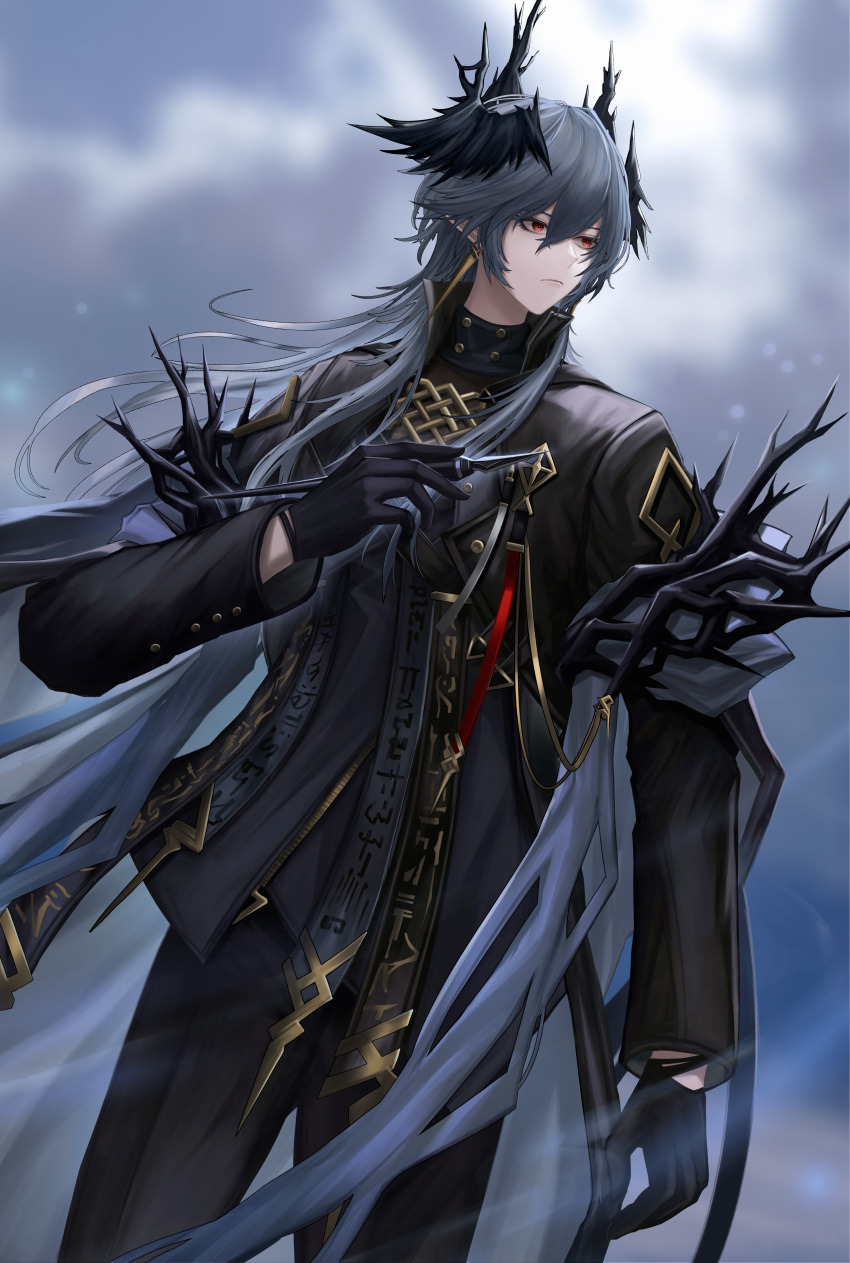 1boy, absurdres, akana93, arknights, black_gloves, black_horns, black_jacket, black_pants