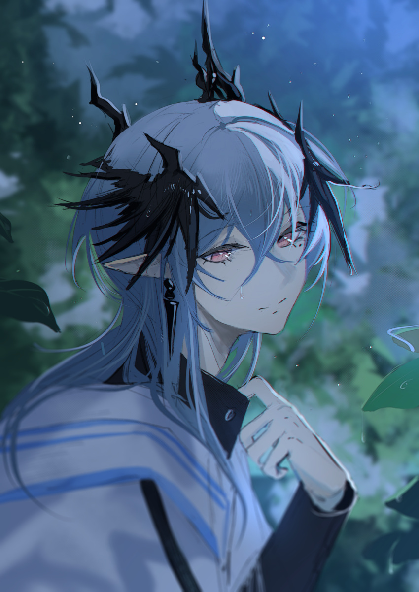 1boy, absurdres, arknights, black_horns, black_wings, closed_mouth, crossed_bangs, demon_boy