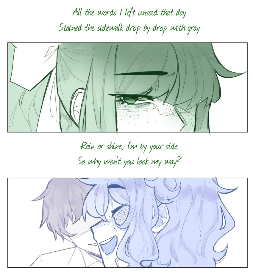 1boy, 2girls, blush, close-up, closed_eyes, commentary, doki_doki_literature_club, english_commentary, english_text, eyebrows_visible_through_hair, fluffy_hair, freckles, from_side, hair_over_one_eye, highres, jealous, looking_at_another, monika_(doki_doki_literature_club), multiple_girls, open_mouth, pockiseisont, ponytail, protagonist_(doki_doki_literature_club), sayori_(doki_doki_literature_club), shaded_face, short_hair, smile, teeth, weathergirl_(synthesizer_v)