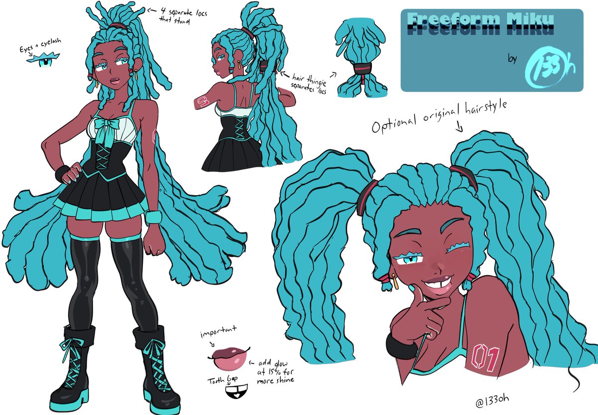 1girl, alternate_costume, alternate_hairstyle, alternate_skin_color, aqua_hair, arrow_(symbol), bare_shoulders, black_boots