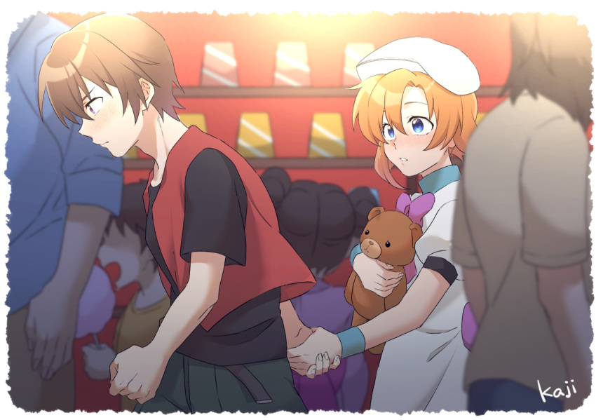 1boy, 1girl, artist_name, beret, black_shirt, blue_eyes, blue_wrist_cuffs, bow