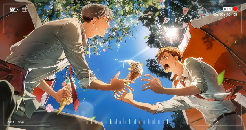 2boys, bag, belt, black_belt, blonde_hair, brothers, collared_shirt, commentary_request