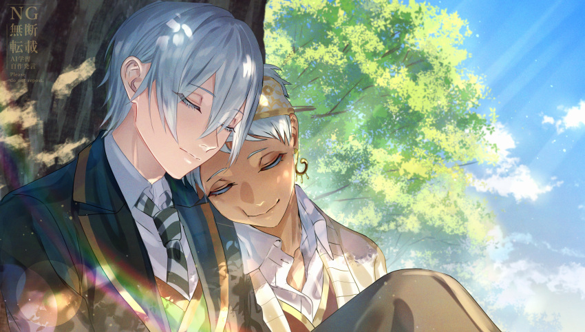 2boys, cardigan, closed_eyes, commentary_request, dappled_sunlight, dark-skinned_male, dark_skin, highres, kalim_al-asim, leaning_on_person, male_focus, multiple_boys, night_raven_college_school_uniform, outdoors, school_uniform, short_hair, silver_vanrouge, sitting, sleeping, sunlight, tree, tuyukusa_sora, twisted_wonderland, under_tree, upper_body, white_hair