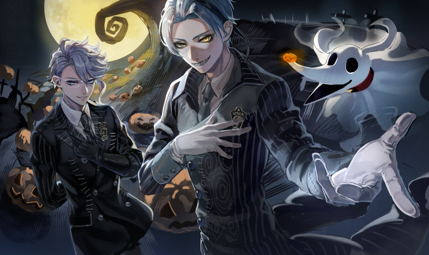 2boys, azul_ashengrotto, azul_ashengrotto_(nightmare_suit), black_coat, blue_eyes, blue_hair, coat, commentary_request