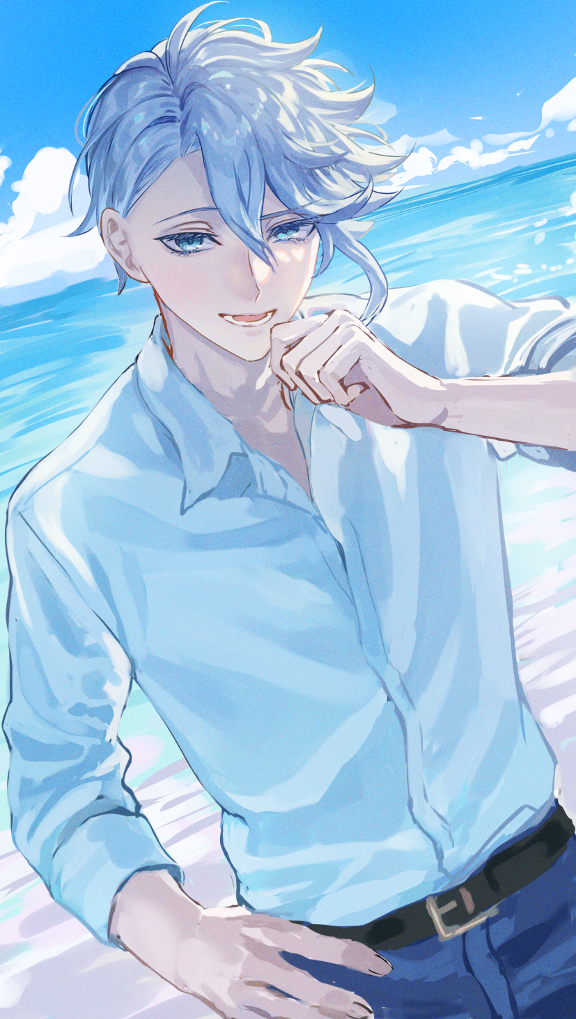 1boy, azul_ashengrotto, beach, blue_eyes, blue_hair, commentary_request, hand_on_own_hip, highres