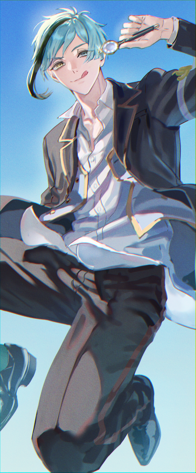1boy, blue_background, blue_hair, commentary_request, floyd_leech, full_body, green_eyes, heterochromia