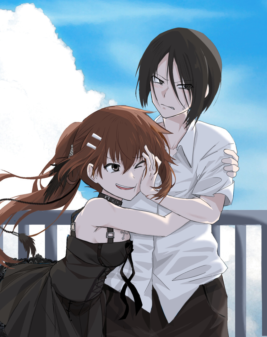 >_o, 1boy, 1girl, ;d, annoyed, belt_collar, black_dress, black_hair, blue_sky, blush, breast_press, breasts, brown_eyes, brown_hair, clenched_teeth, clouds, collar, collared_shirt, commentary_request, cowboy_shot, cumulonimbus_cloud, day, dress, eyes_visible_through_hair, floating_hair, grey_eyes, hair_between_eyes, hair_ornament, hairclip, hand_on_another's_cheek, hand_on_another's_face, hetero, highres, hug, jyukai7, large_breasts, long_hair, long_hair_between_eyes, looking_at_viewer, medium_hair, minakami_yuki, naughty_face, one_eye_closed, open_mouth, outdoors, parallel_hairclips, pleated_dress, ponytail, shirt, short_sleeves, sidelocks, sky, sleeveless, sleeveless_dress, smile, smug, subarashiki_hibi, sweatdrop, teeth, upper_teeth_only, v-shaped_eyebrows, very_long_hair, white_shirt, yuuki_tomosane