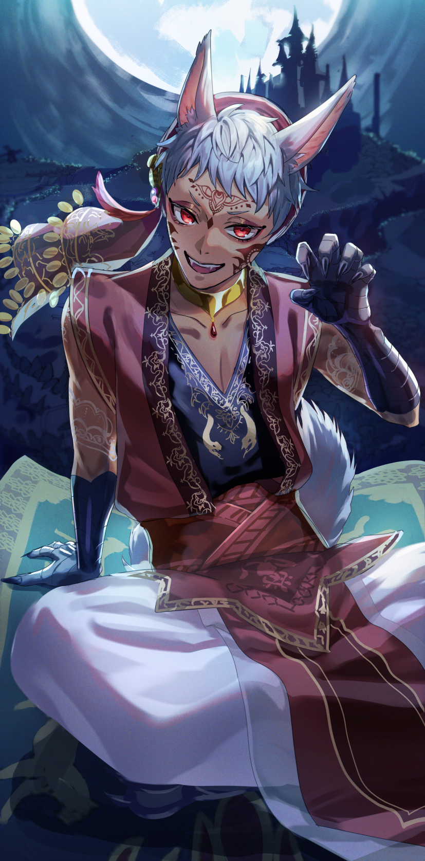 1boy, animal_ears, arabian_clothes, claw_pose, commentary, dark-skinned_male, dark_skin, fangs