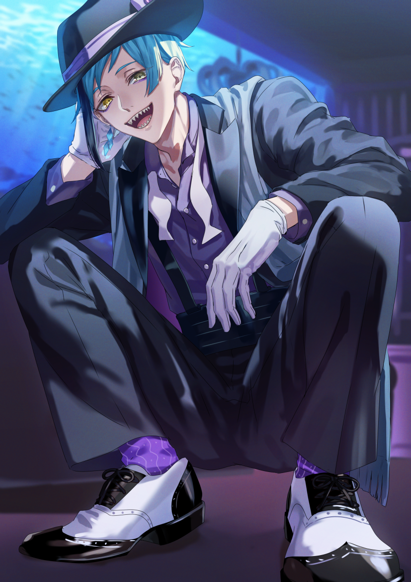 1boy, blue_hair, commentary_request, floyd_leech, full_body, green_eyes, hat, heterochromia