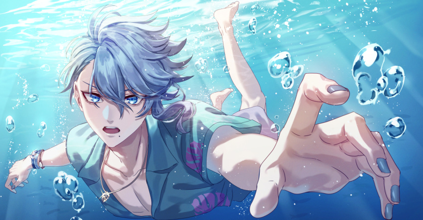 1boy, azul_ashengrotto, azul_ashengrotto_(tropical_wear), blue_background, blue_eyes, blue_hair, blue_shirt, commentary