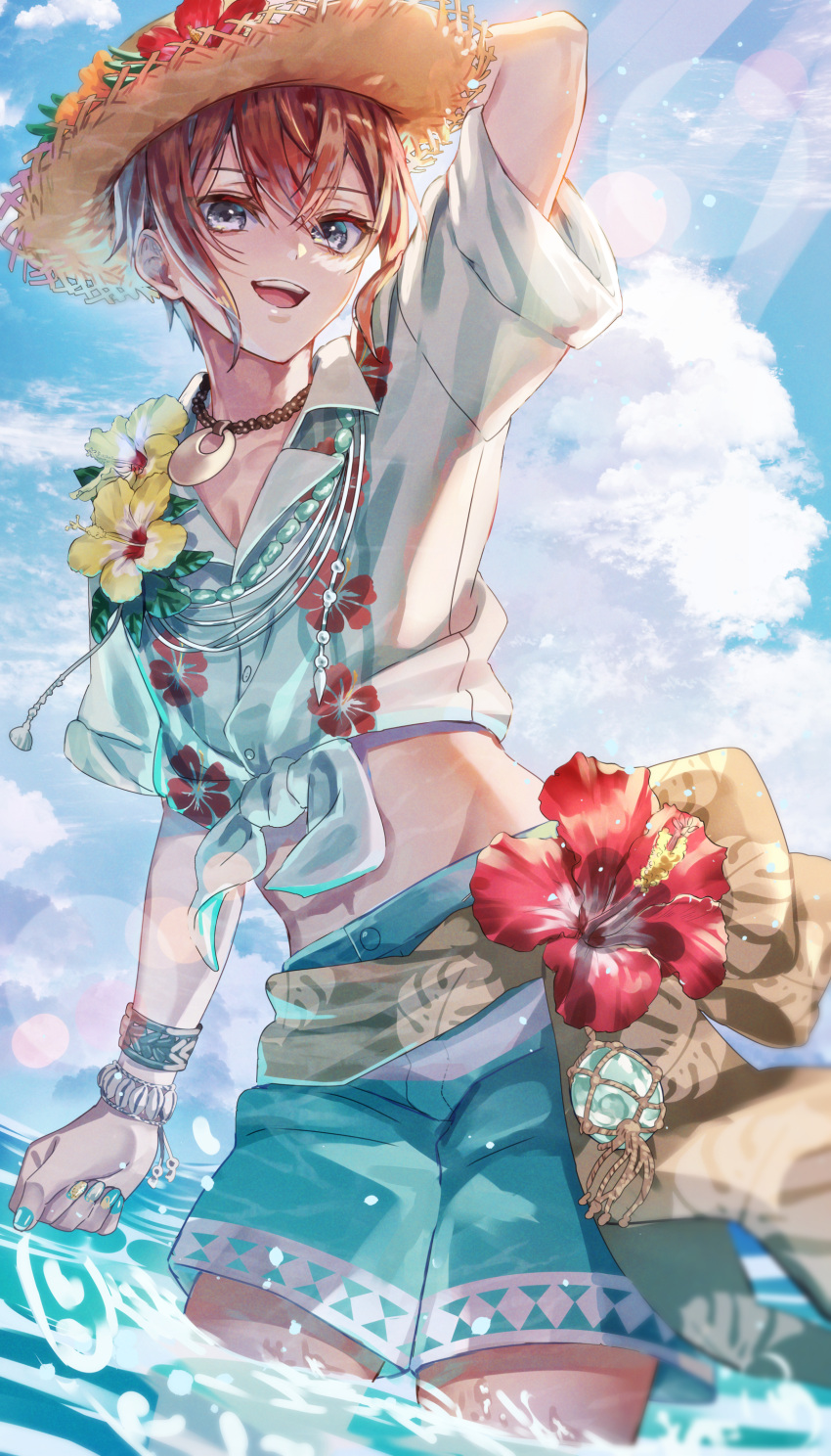 1boy, absurdres, arm_up, commentary_request, cowboy_shot, crop_top, grey_eyes, hat