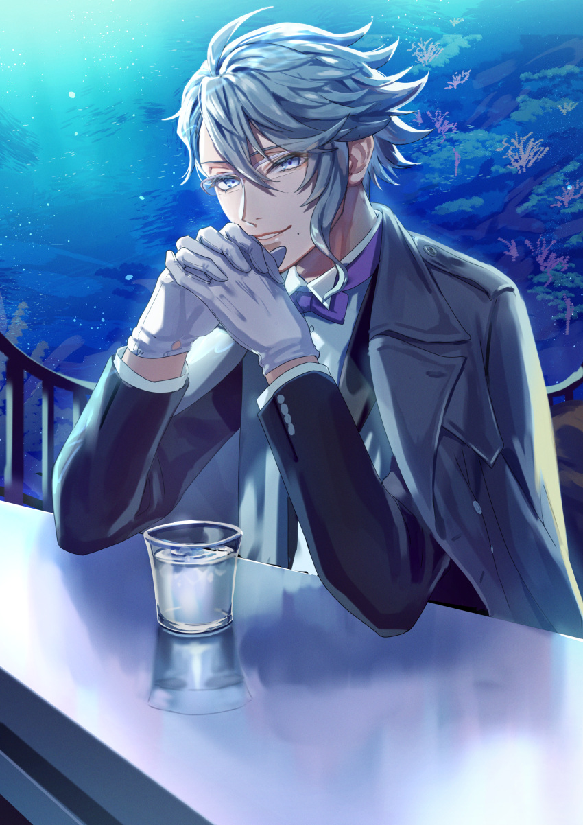 1boy, absurdres, azul_ashengrotto, blue_eyes, blue_hair, coat, coat_on_shoulders, commentary_request