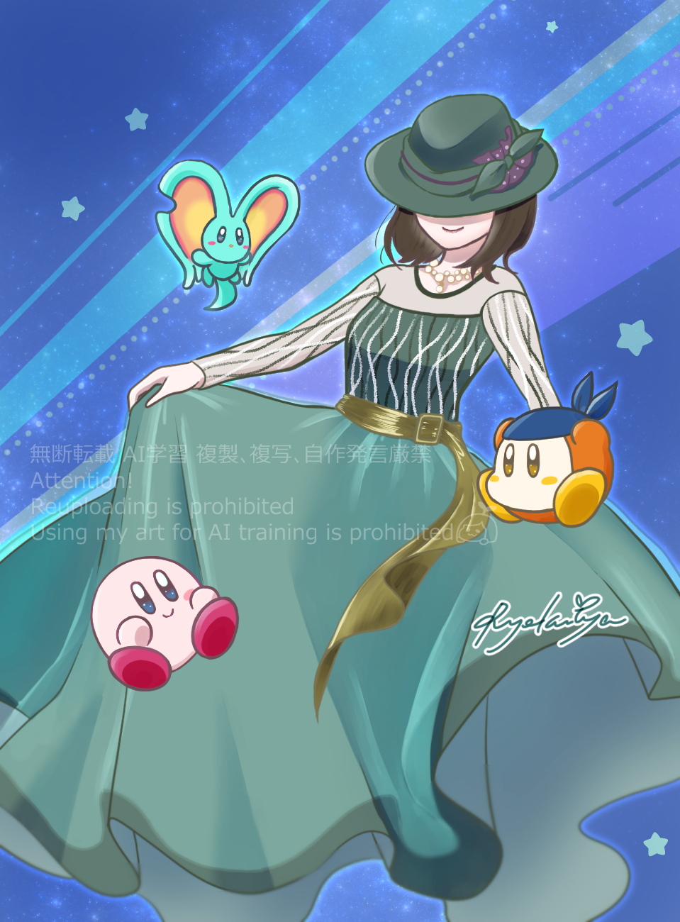 1girl, bandana, bandana_waddle_dee, blue_background, blue_bandana, blush_stickers, colored_skin, commentary_request, dress, elfilin, green_dress, green_hat, green_tea_ruru, hat, hat_over_eyes, highres, kirby, kirby_(series), kirby_and_the_forgotten_land, neichel_(kirby), notched_ear, orange_skin, pink_skin, short_hair, signature, smile, star-crossed_world, star_(symbol), watermark