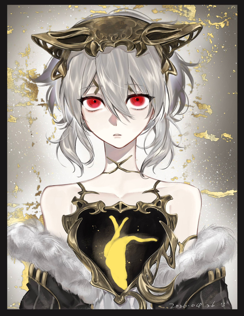 1girl, bare_shoulders, black_jacket, code_vein_ii, commentary, exposed_heart, expressionless, fur-trimmed_jacket