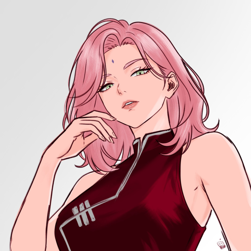 1girl, artist_logo, chococurrent, close-up, collar, come_hither, commentary, facial_mark, forehead_mark, green_eyes, half-closed_eyes, halterneck, hand_up, haruno_sakura, highres, logo, looking_at_viewer, naruto_(series), parted_lips, red_shirt, shirt, simple_background, sleeveless, sleeveless_shirt, untranslatable_commentary, white_background