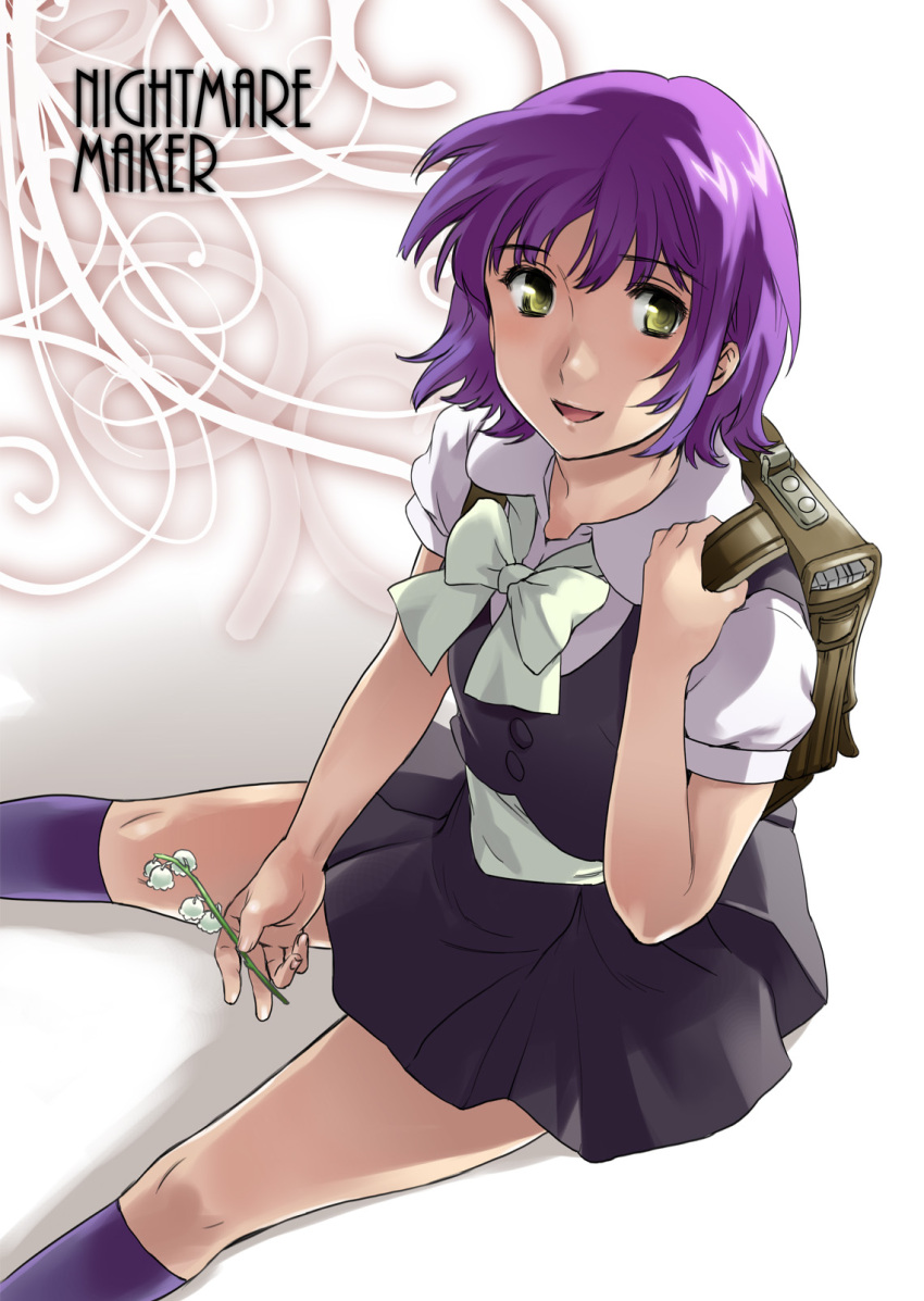 bow, character_request, cuvie, flower, highres, kneehighs, lily_of_the_valley, looking_up