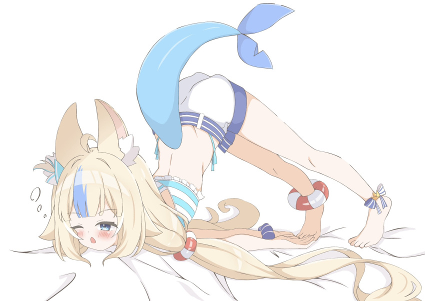 1girl, ahoge, animal_ear_fluff, animal_ears, barefoot, belt, blonde_hair, blue_belt