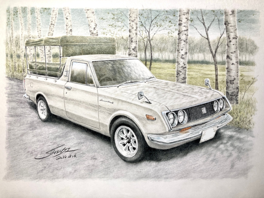border, car, colored_pencil_(medium), commentary_request, day, highres, motor_vehicle, no_humans
