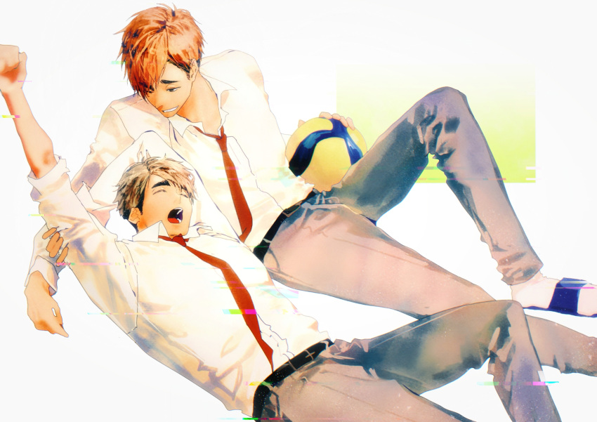 2boys, arm_up, ball, belt, black_belt, blonde_hair, brothers, collared_shirt