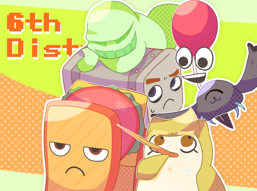 :3, animate_object, balloon, black_eyes, black_harpy_(miitopia), bloon_(miitopia), blue_eyes, bread, brown_eyes, cheese, closed_eyes, closed_mouth, commentary_request, food, ghost, ham, ham_sandwich_(miitopia), hammer, heavy_hammer_(miitopia), highres, jitome, lettuce, living_food, living_weapon, miitopia, no_humans, one-eyed, open_mouth, outline, punk_pengy_(miitopia), rikka_natsu_27, sandwiched, smile, sweat, teeth, upper_teeth_only, white_outline, wings, yellow_eyes