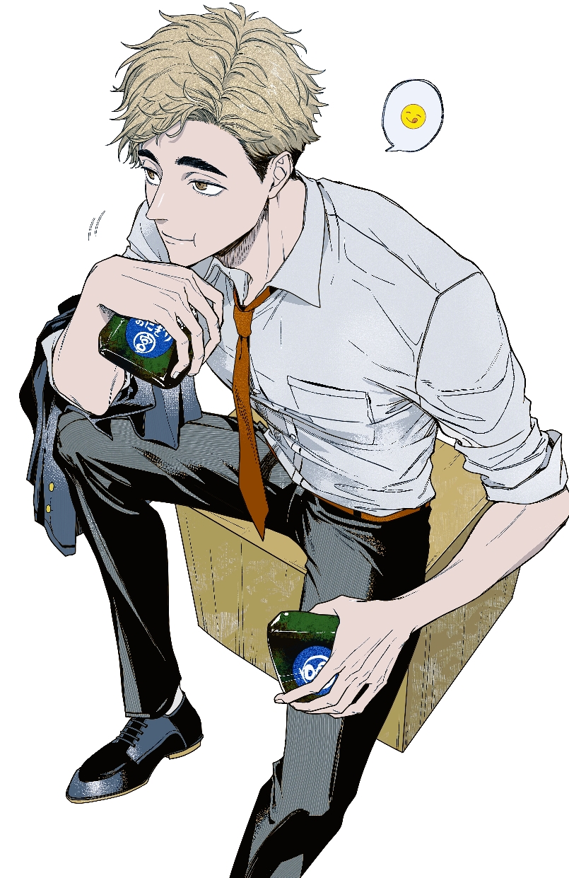 1boy, belt, black_pants, black_shoes, blonde_hair, brown_belt, brown_eyes, buttons